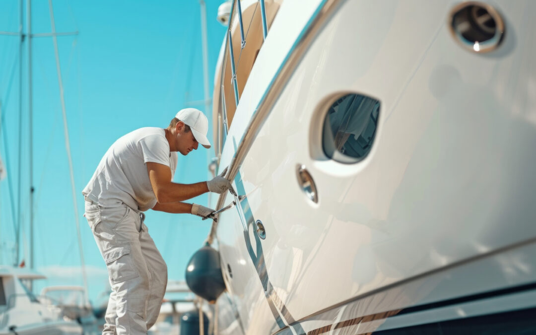 Final Details technician applying nano-ceramic coating on a luxury boat in Ventura for UV, oxidation, and corrosion protection